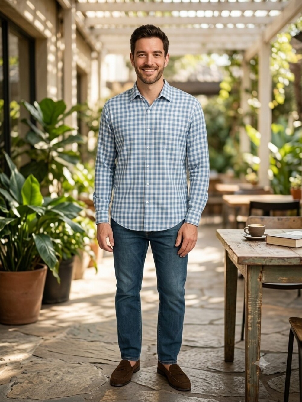 NEW Rochester 100% Linen Shirt 1XL LS Blue Checked Button Up Career